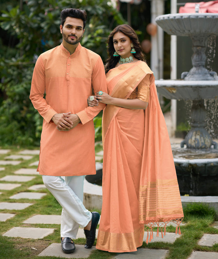 Aishwaria Peach Couple Dress Silk Saree & Kurta