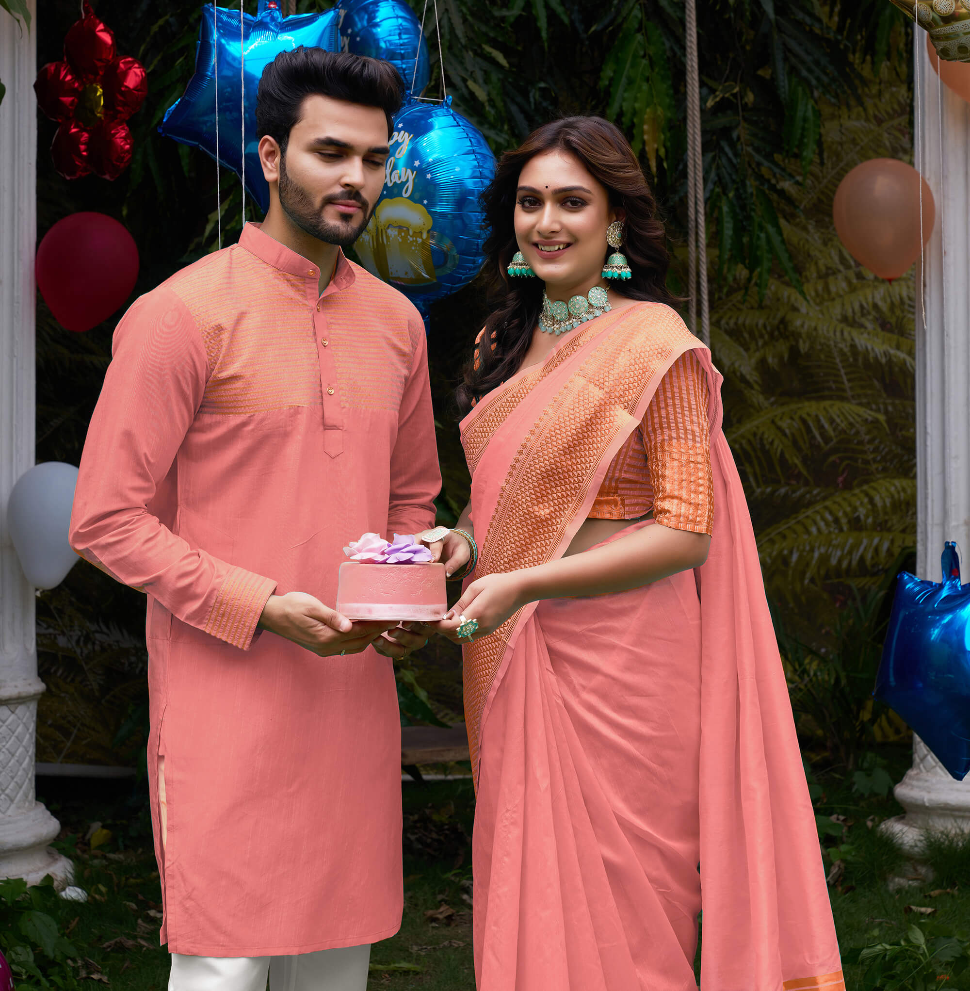 Aishwaria Pink Couple Dress Silk Saree Kurta Archittam Fashion
