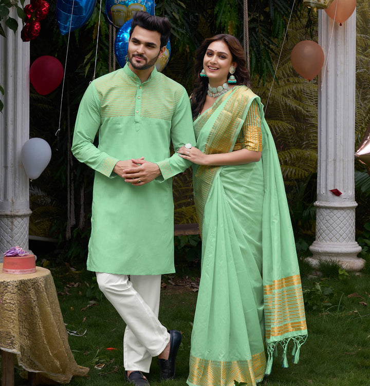 Aishwaria Pista Couple Dress Silk Saree & Kurta