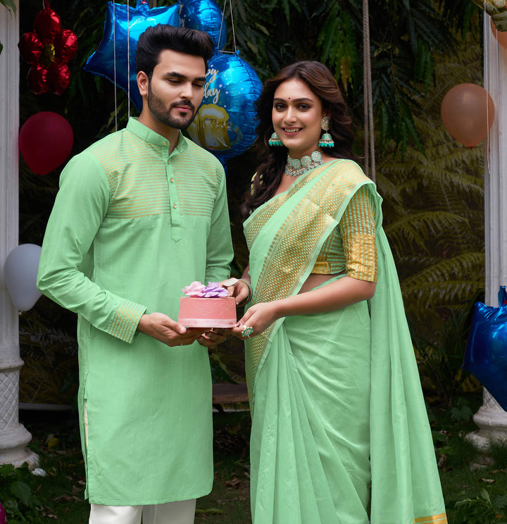 Aishwaria Pista Couple Dress Silk Saree & Kurta