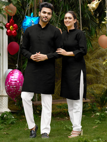 Linen Cotton Kurti and Kurta Black Couple Combo