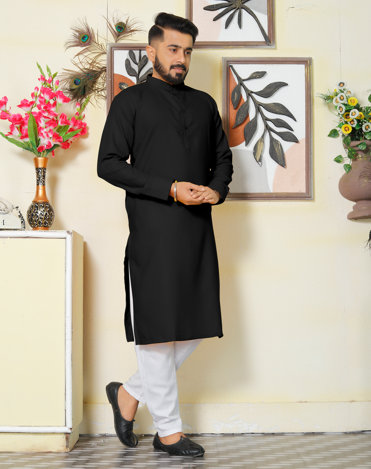 Archittam  Black Cotton Dobby Slim Fit Long Kurta