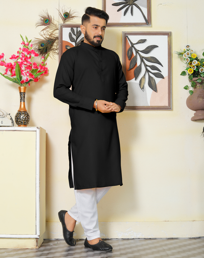 Archittam  Black Cotton Dobby Slim Fit Long Kurta