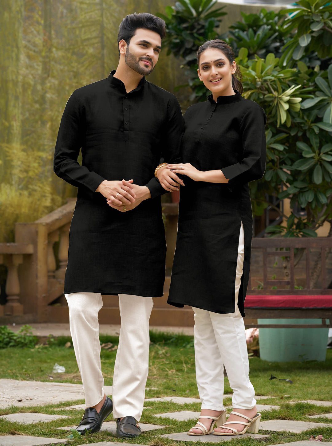 Linen Cotton Kurti and Kurta Black Couple Combo - Main Image