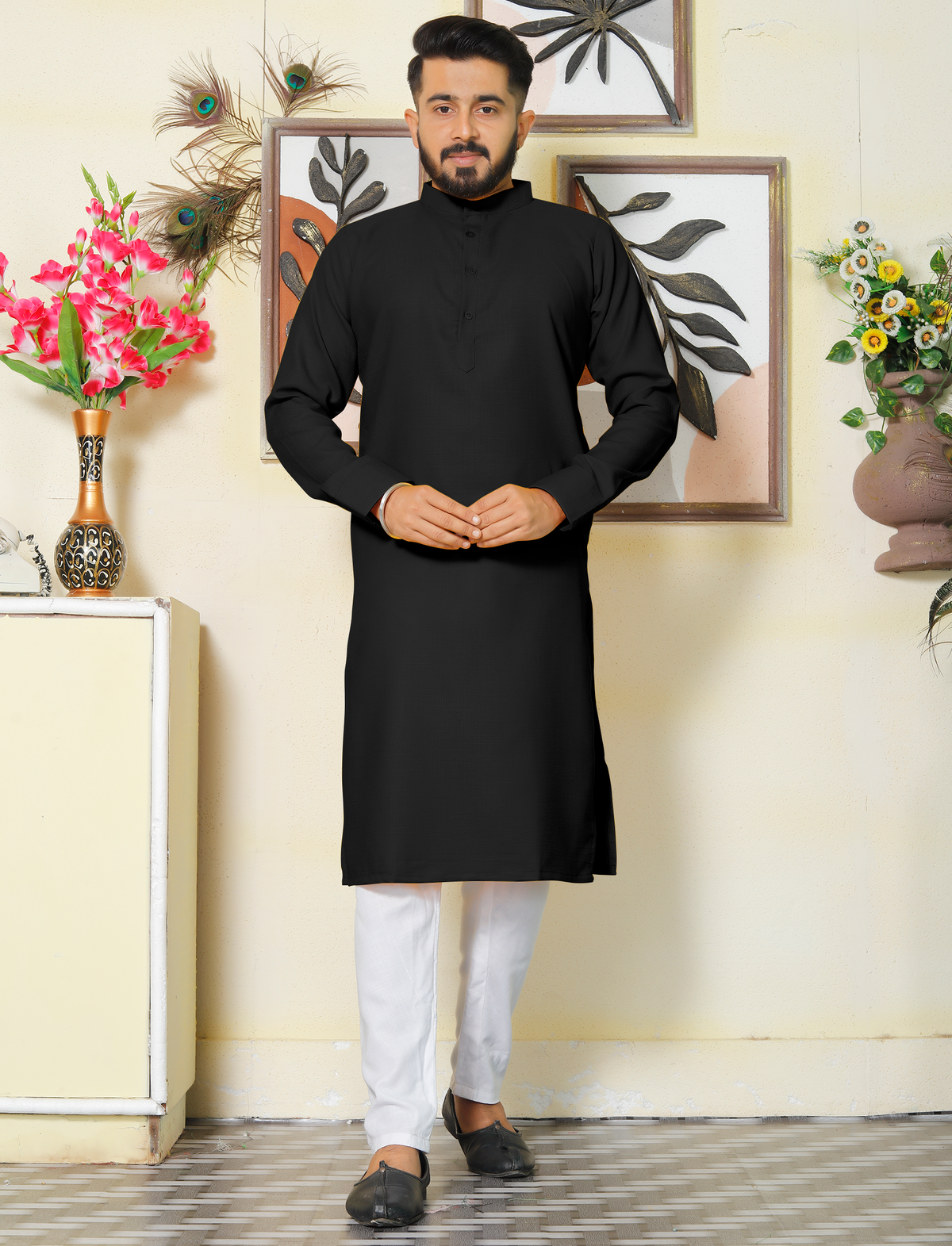 Archittam  Black Cotton Dobby Slim Fit Long Kurta