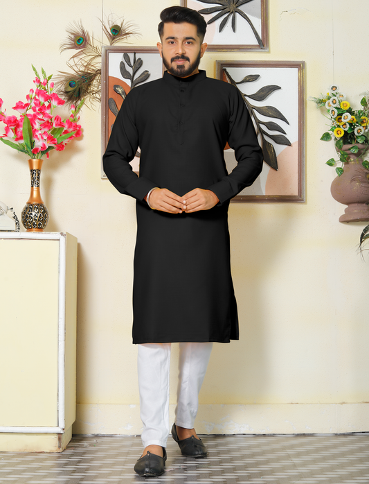 Archittam  Black Cotton Dobby Slim Fit Long Kurta
