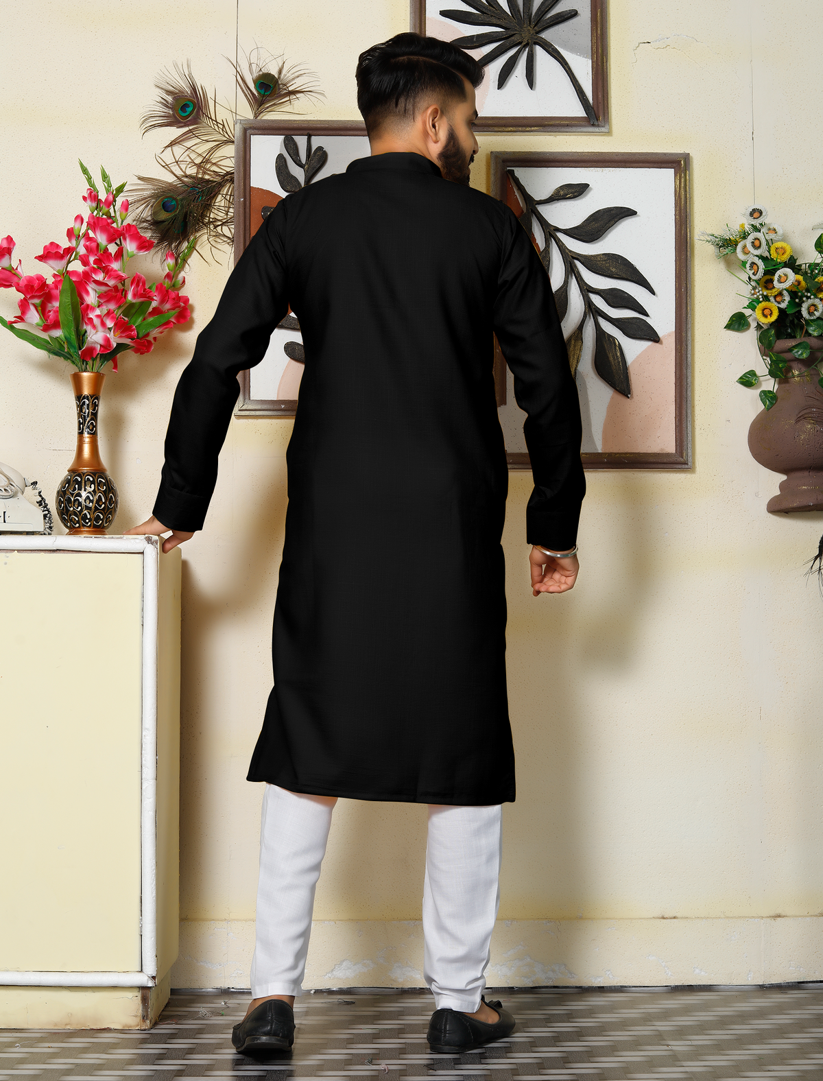 Archittam  Black Cotton Dobby Slim Fit Long Kurta