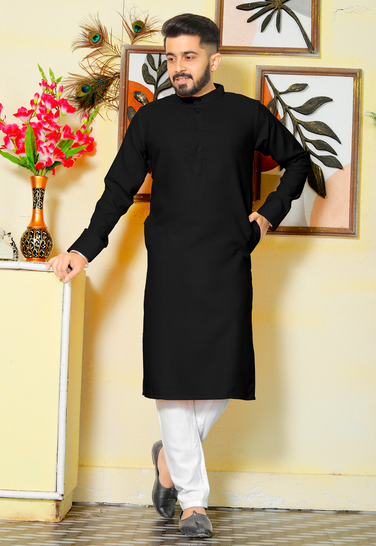 Archittam  Black Cotton Dobby Slim Fit Long Kurta