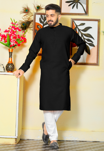 Archittam  Black Cotton Dobby Slim Fit Long Kurta