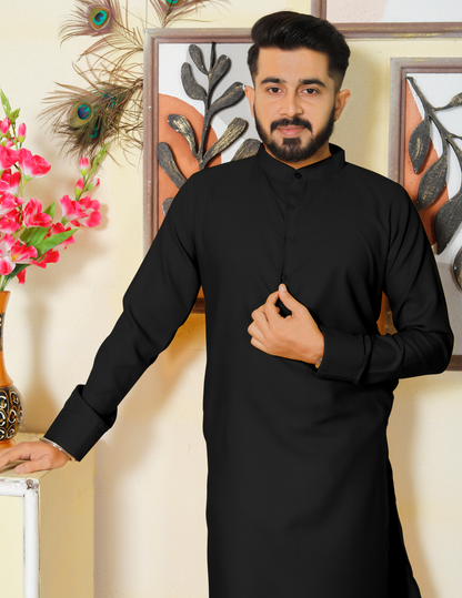 Archittam  Black Cotton Dobby Slim Fit Long Kurta