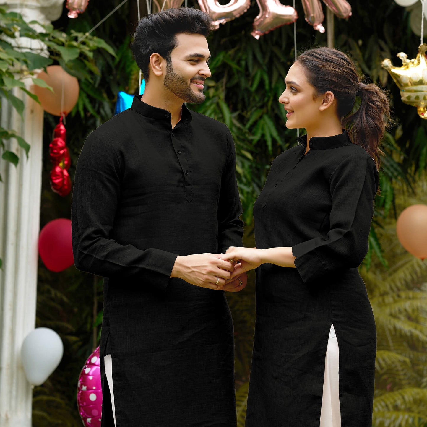 Linen Cotton Kurti and Kurta Black Couple Combo
