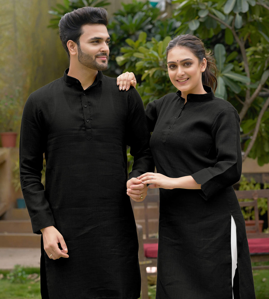 Linen Cotton Kurti and Kurta Black Couple Combo