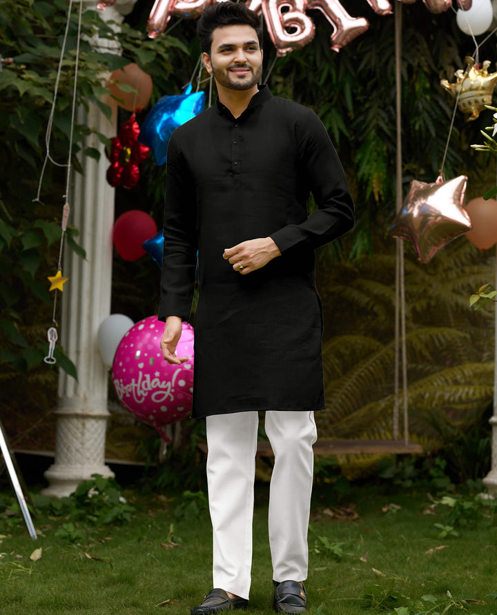 Royal Men Linen Cotton Black Kurta pyjama