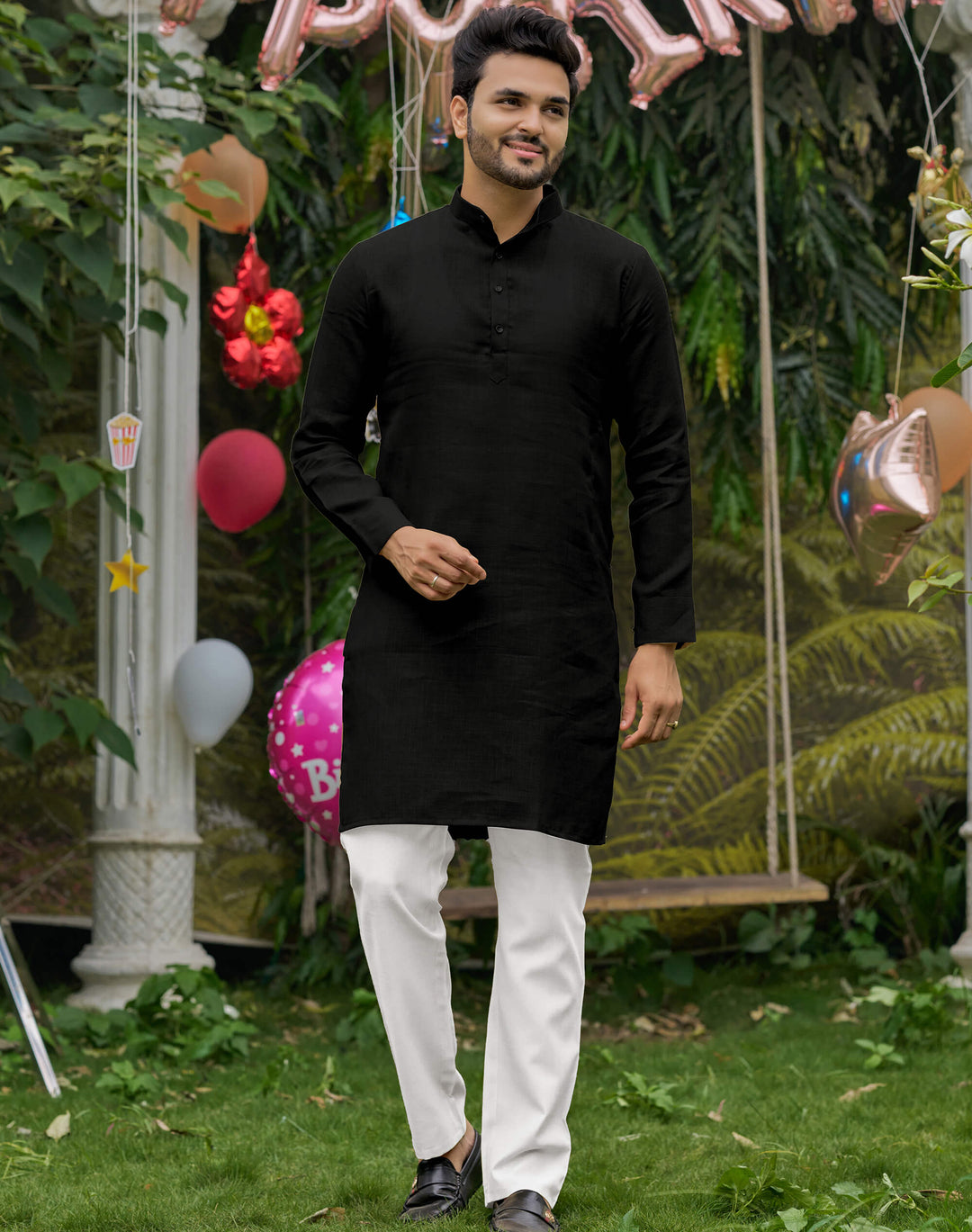Linen Cotton Kurti and Kurta Black Couple Combo