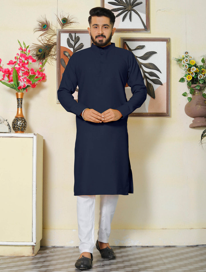 Gallant Navy Blue Men Cotton Kurta Pyjama