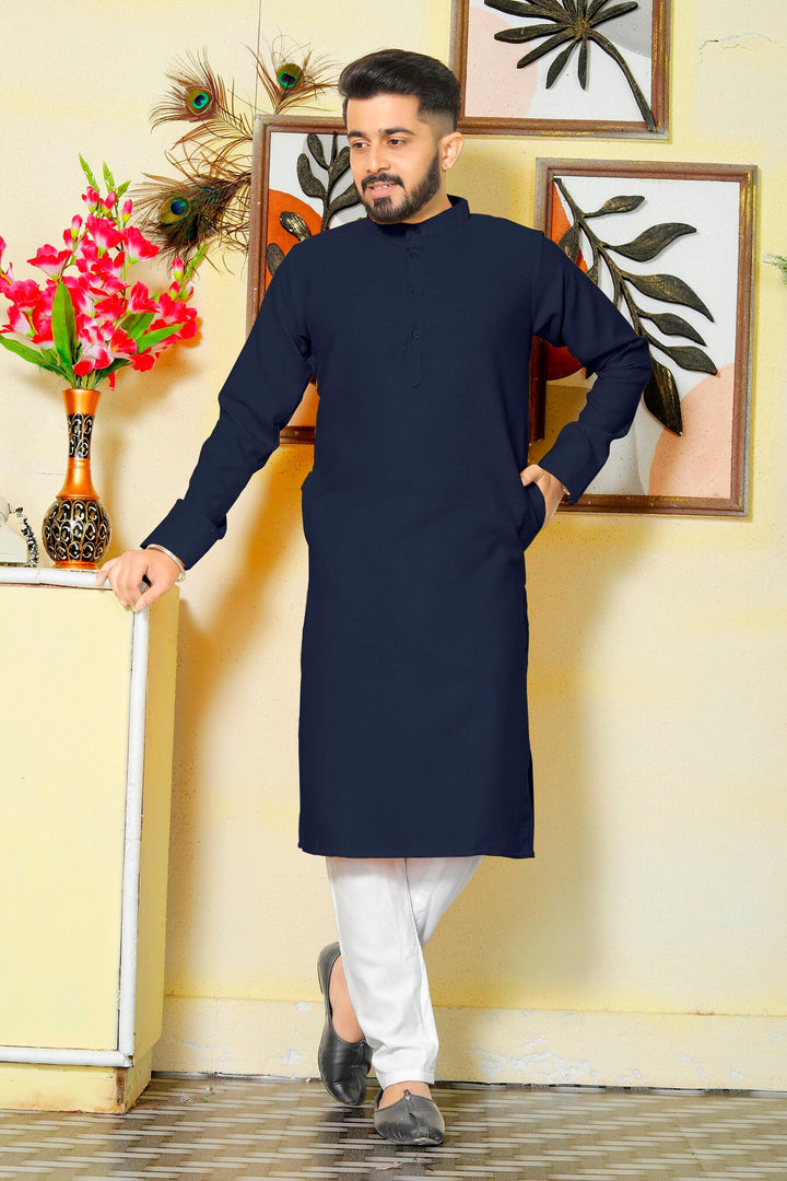 Gallant Navy Blue Men Cotton Kurta Pyjama