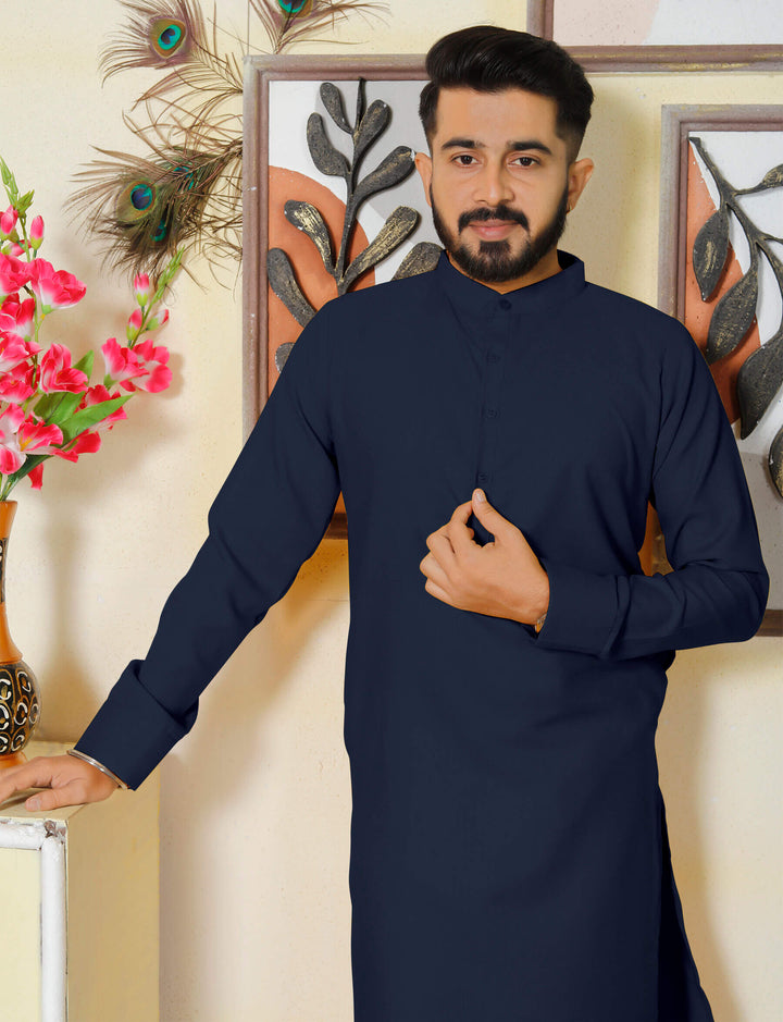 Gallant Navy Blue Men Cotton Kurta Pyjama