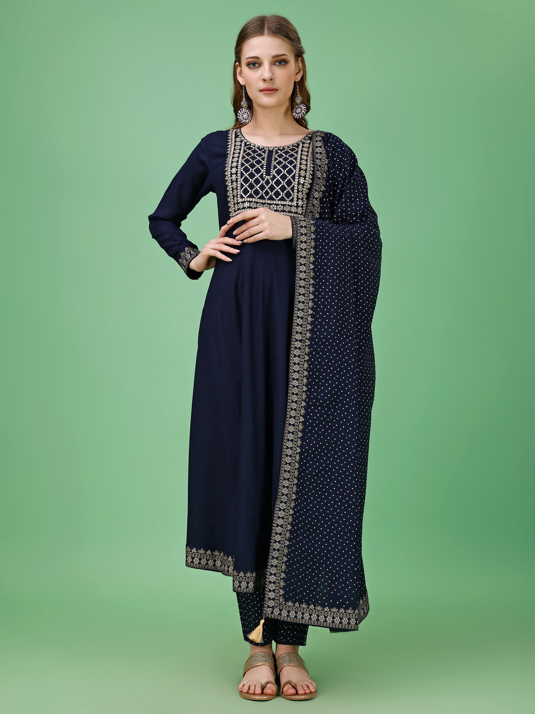 Rayon Navy Blue Kurti Palazzo and Dupatta Set with Intricate Details