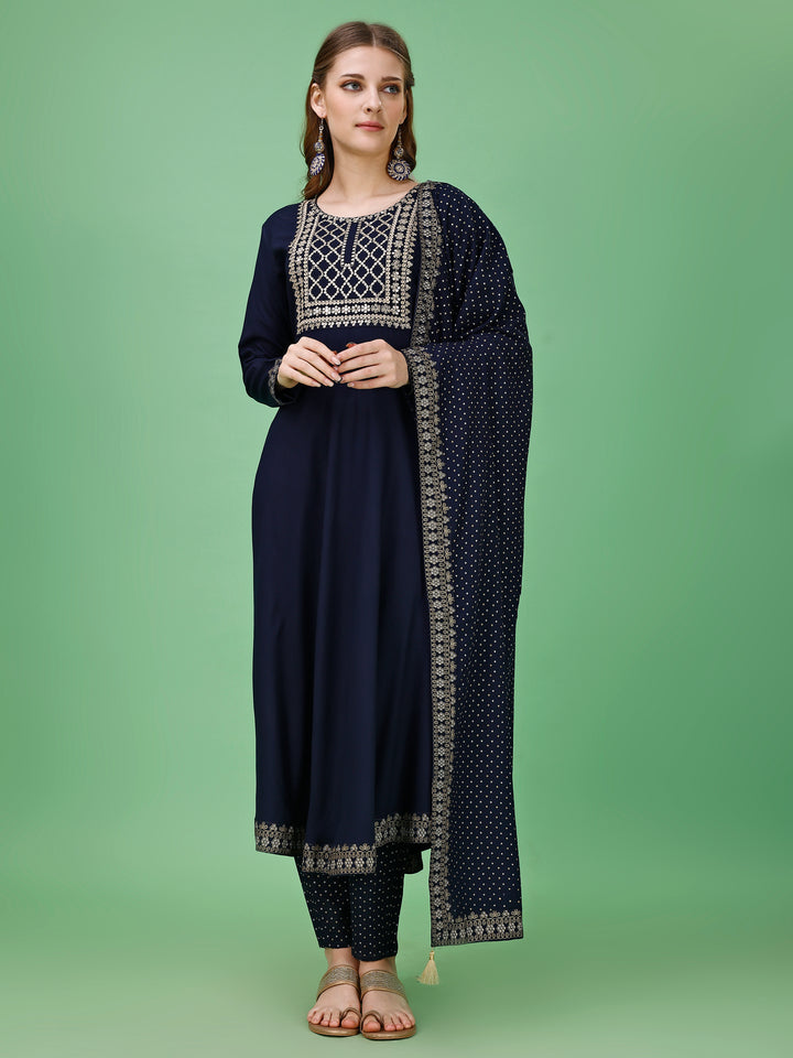 Rayon Navy Blue Kurti Palazzo and Dupatta Set with Intricate Details