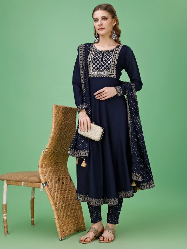 Rayon Navy Blue Kurti Palazzo and Dupatta Set with Intricate Details