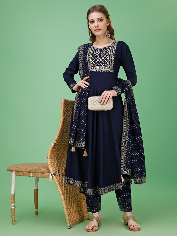 Rayon Navy Blue Kurti Palazzo and Dupatta Set with Intricate Details