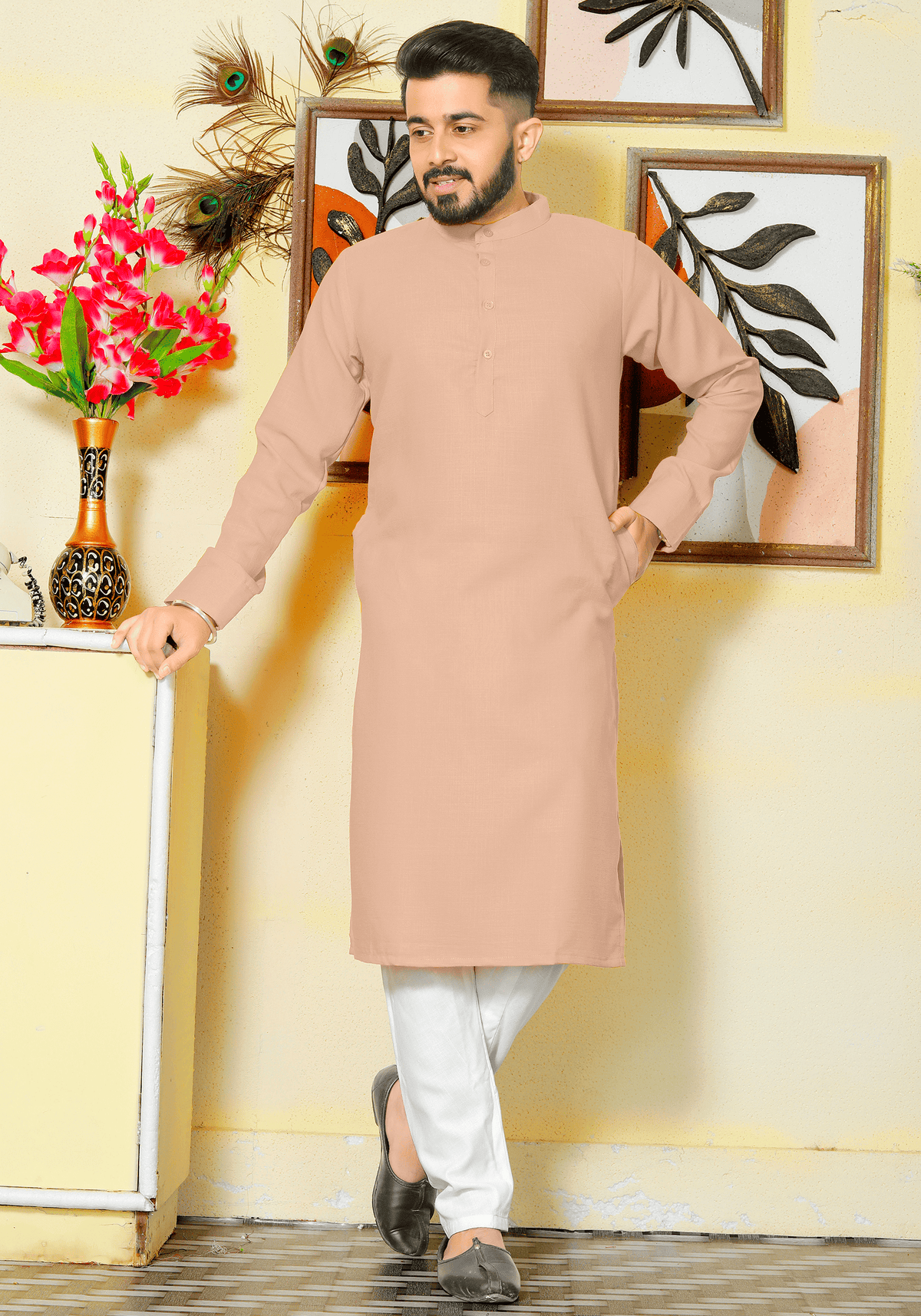 Gallant Peach Men Cotton Kurta