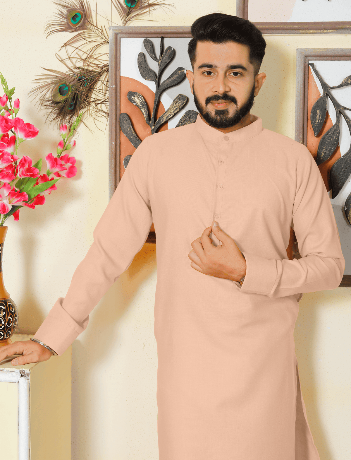 Gallant Peach Men Cotton Kurta