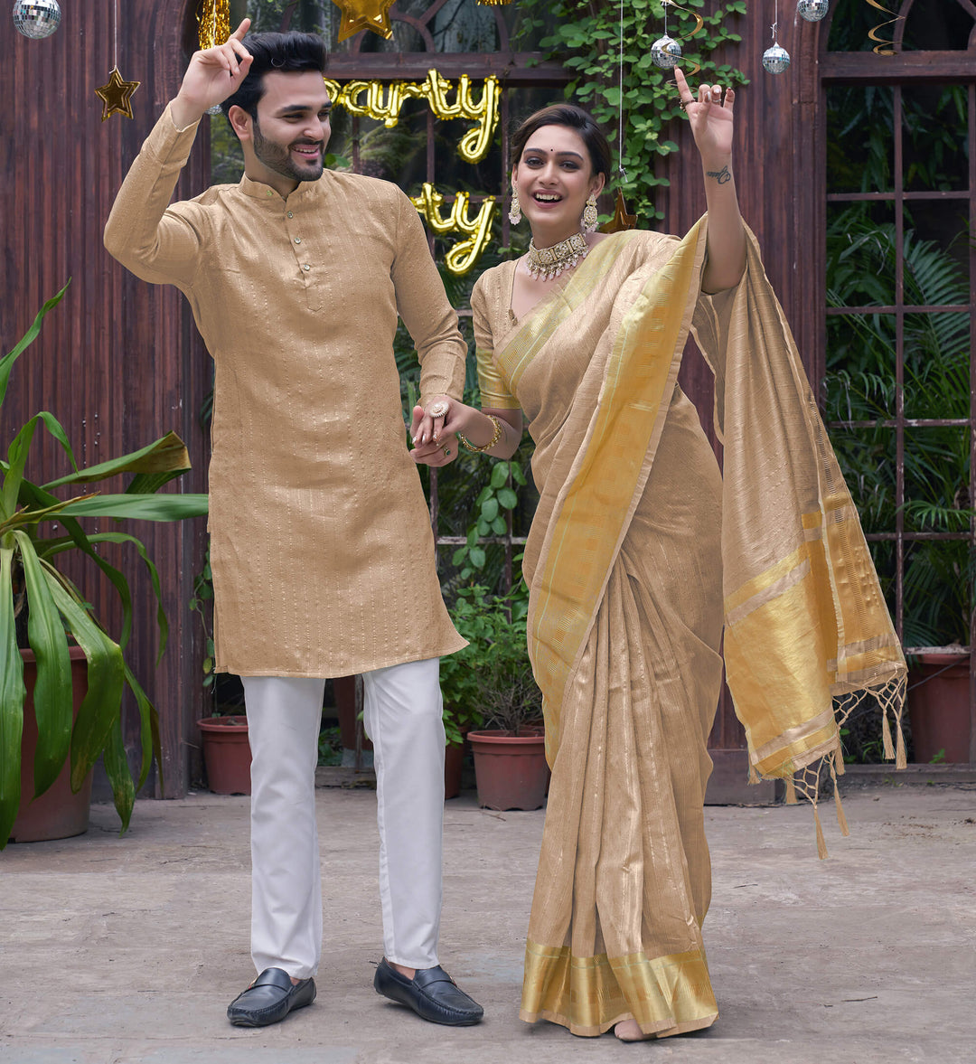 Bansri Gold Cream Couple Set Saree and Kurta