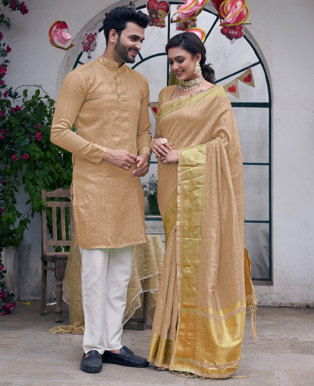 Bansri Gold Cream Couple Set Saree and Kurta