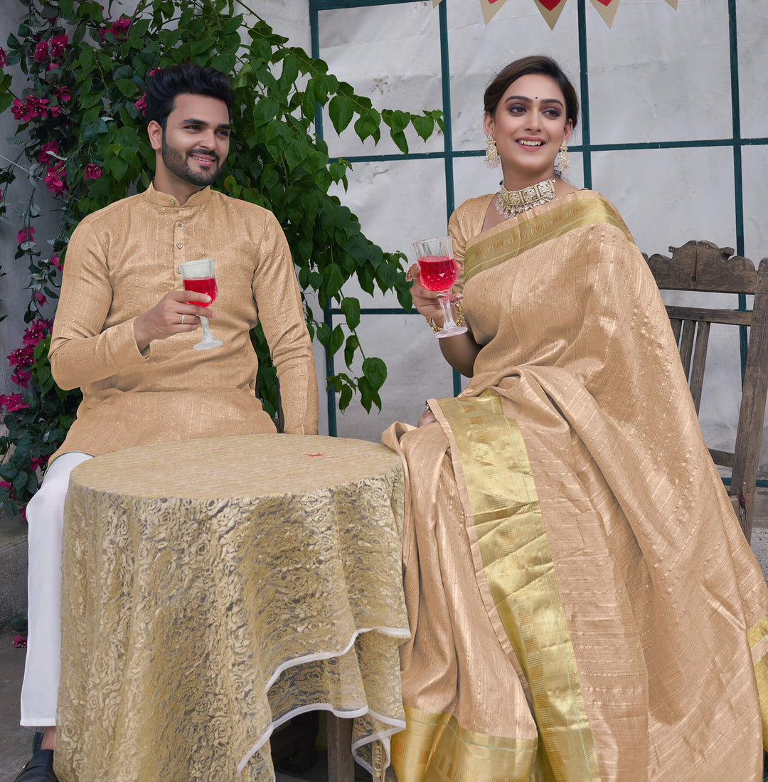 Bansri Gold Cream Couple Set Saree and Kurta