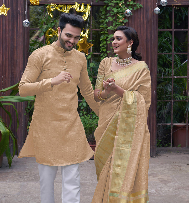 Bansri Gold Cream Couple Set Saree and Kurta