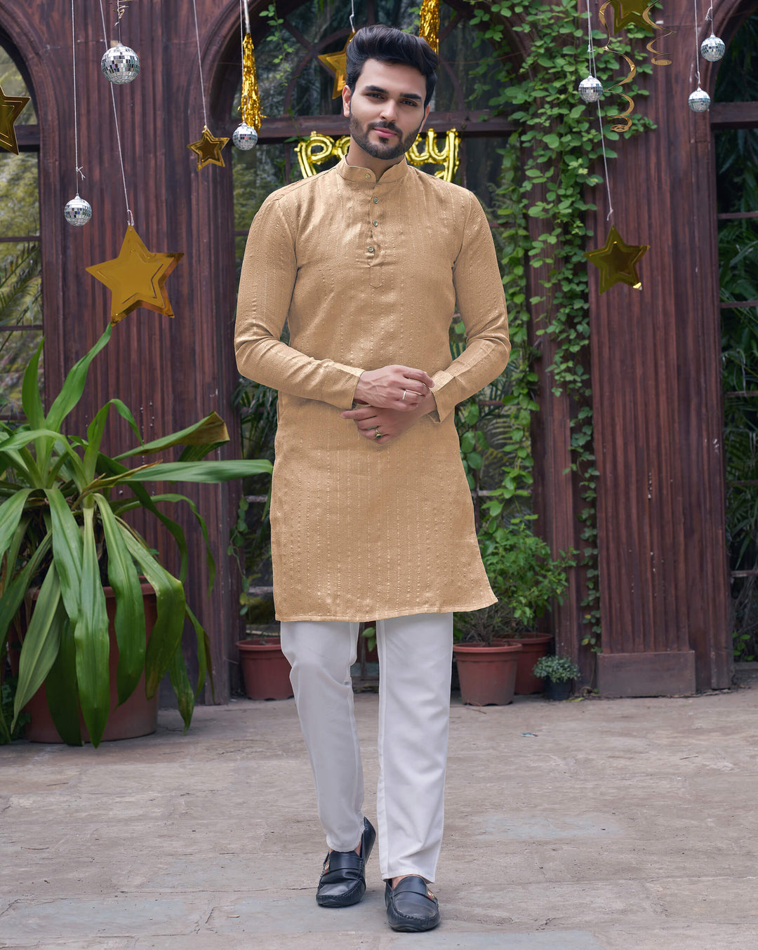 Stylish Men Zari Silk Gold Cream Kurta with Pajama