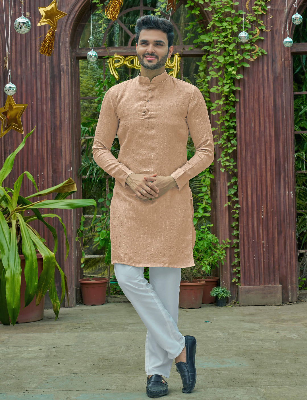 Stylish Men Zari Silk Gold Cream Kurta with Pajama