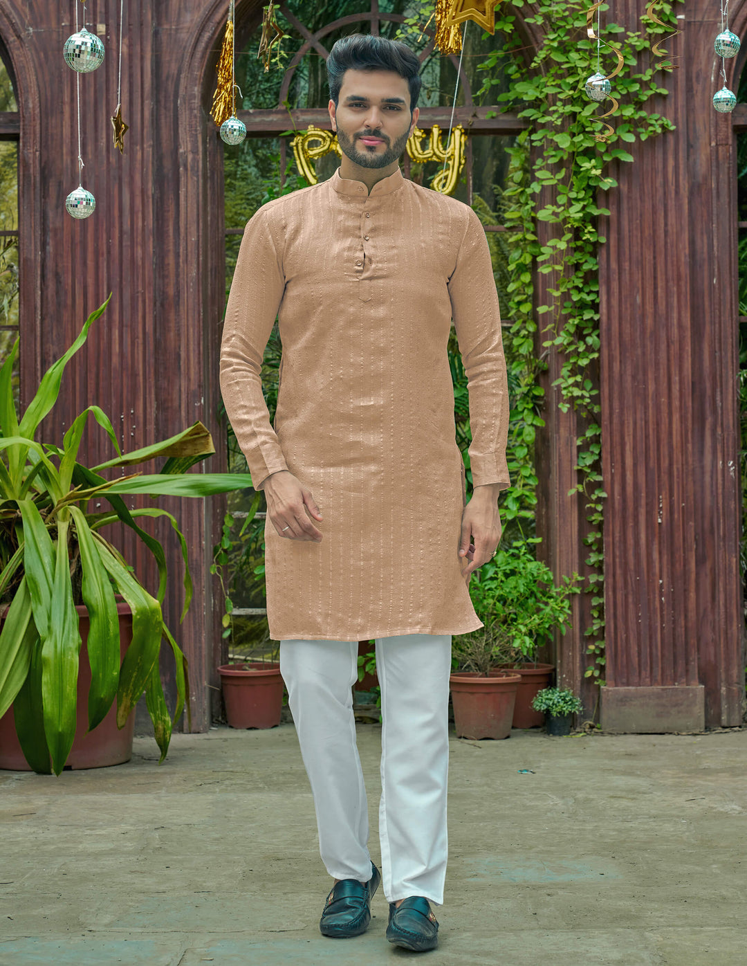 Stylish Men Zari Silk Gold Cream Kurta with Pajama