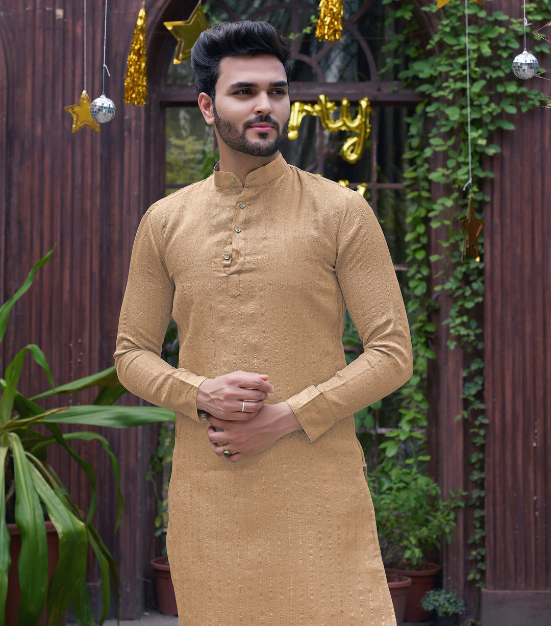 Stylish Men Zari Silk Gold Cream Kurta with Pajama