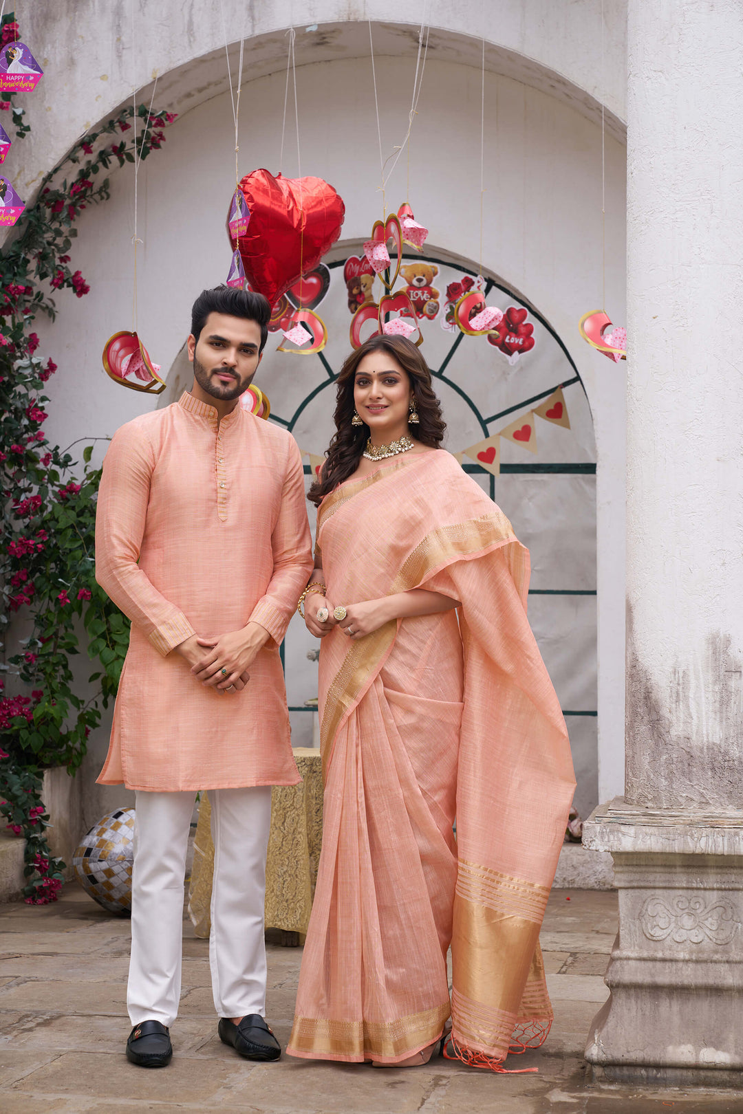Jenika Gold Peach Couple Dress art silk Saree and Kurta for Special Occasions