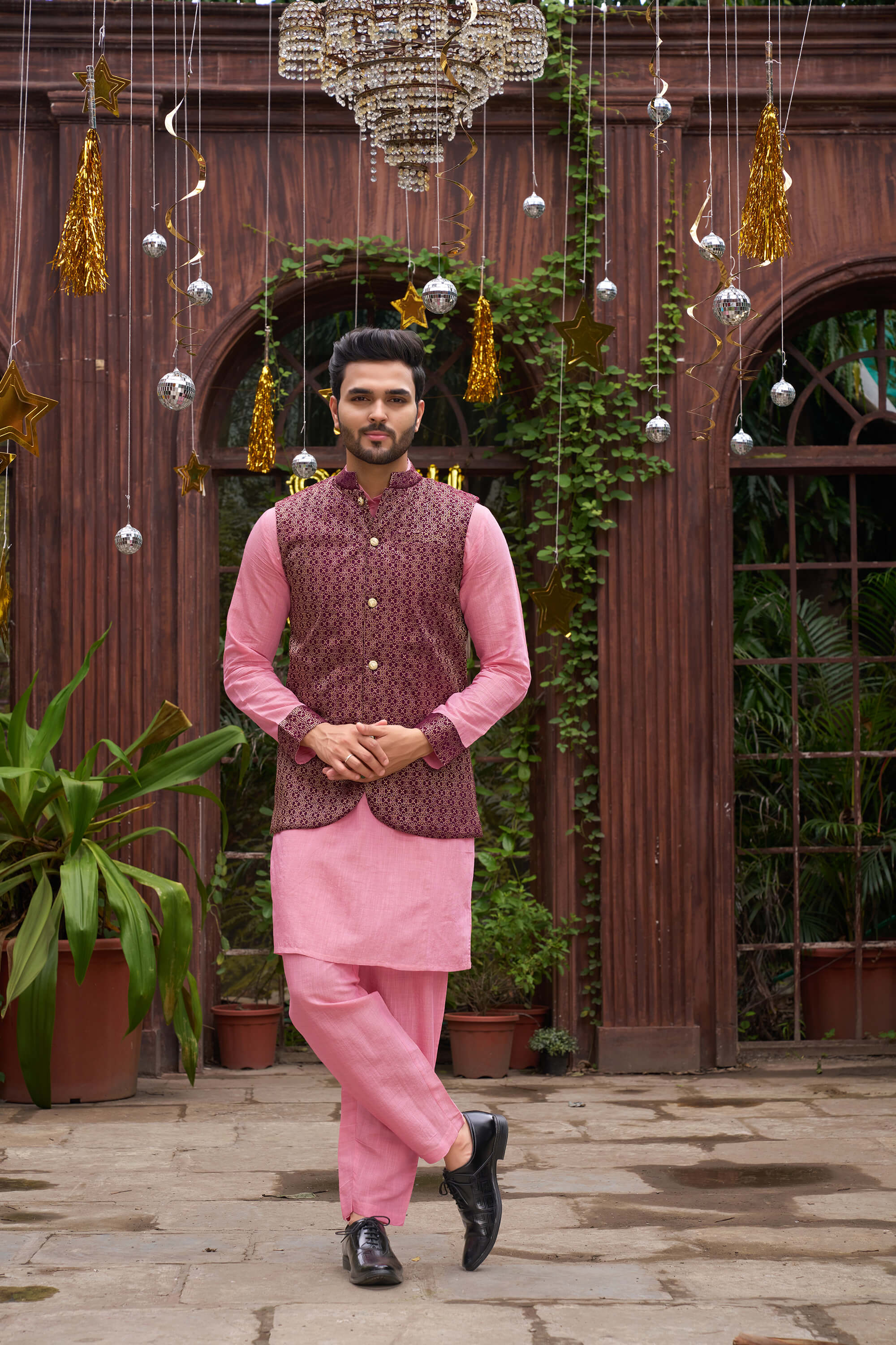 Richie Rich Gold Pink Couple Matching Dress Kanjivaram Silk Saree and Kurta pyjama with Nehru Jacket