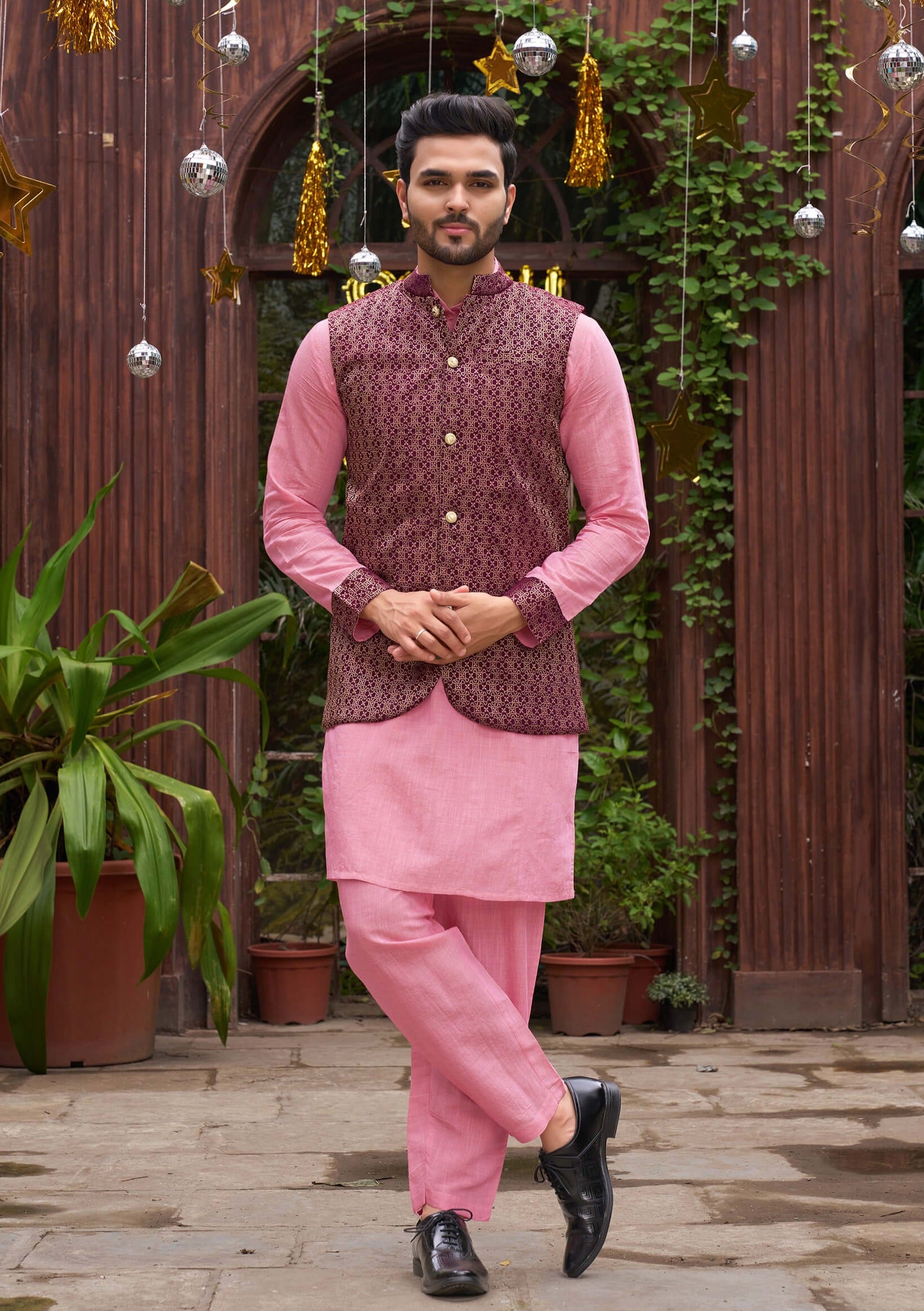 Luxurious Men Silk Pink Kurta Pajama with Nehru Jacket