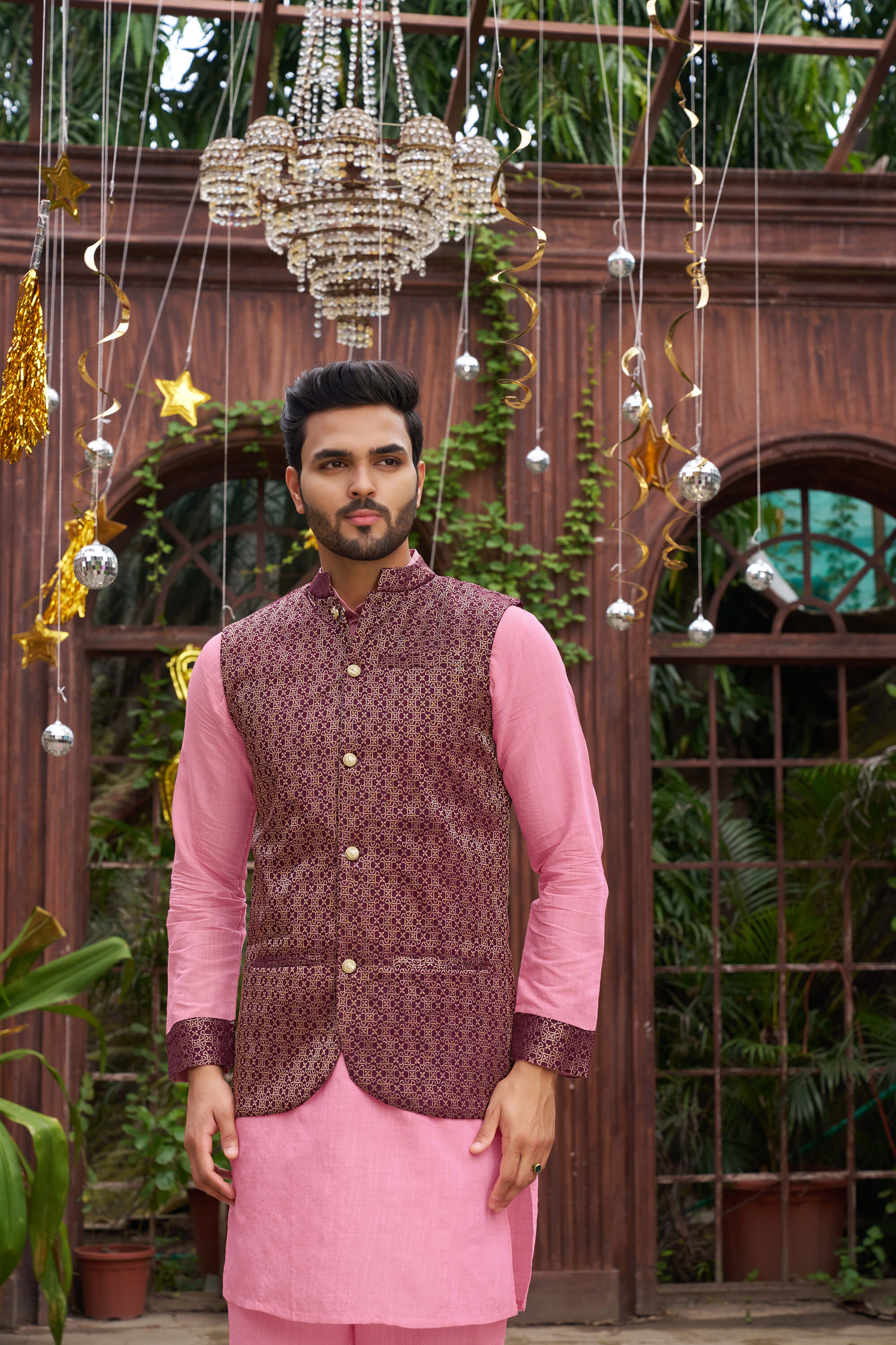 Richie Rich Gold Pink Couple Matching Dress Kanjivaram Silk Saree and Kurta pyjama with Nehru Jacket