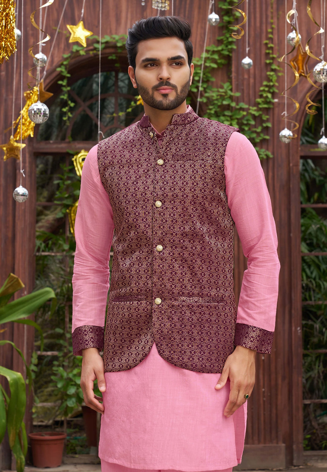 Luxurious Men Silk Pink Kurta Pajama with Nehru Jacket