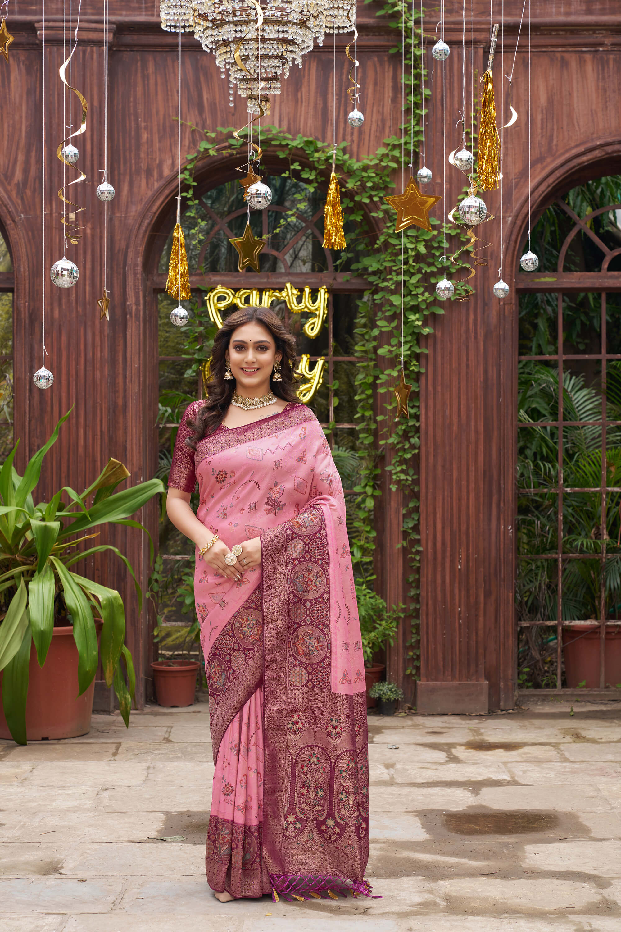 Richie Rich Gold Pink Couple Matching Dress Kanjivaram Silk Saree and Kurta pyjama with Nehru Jacket