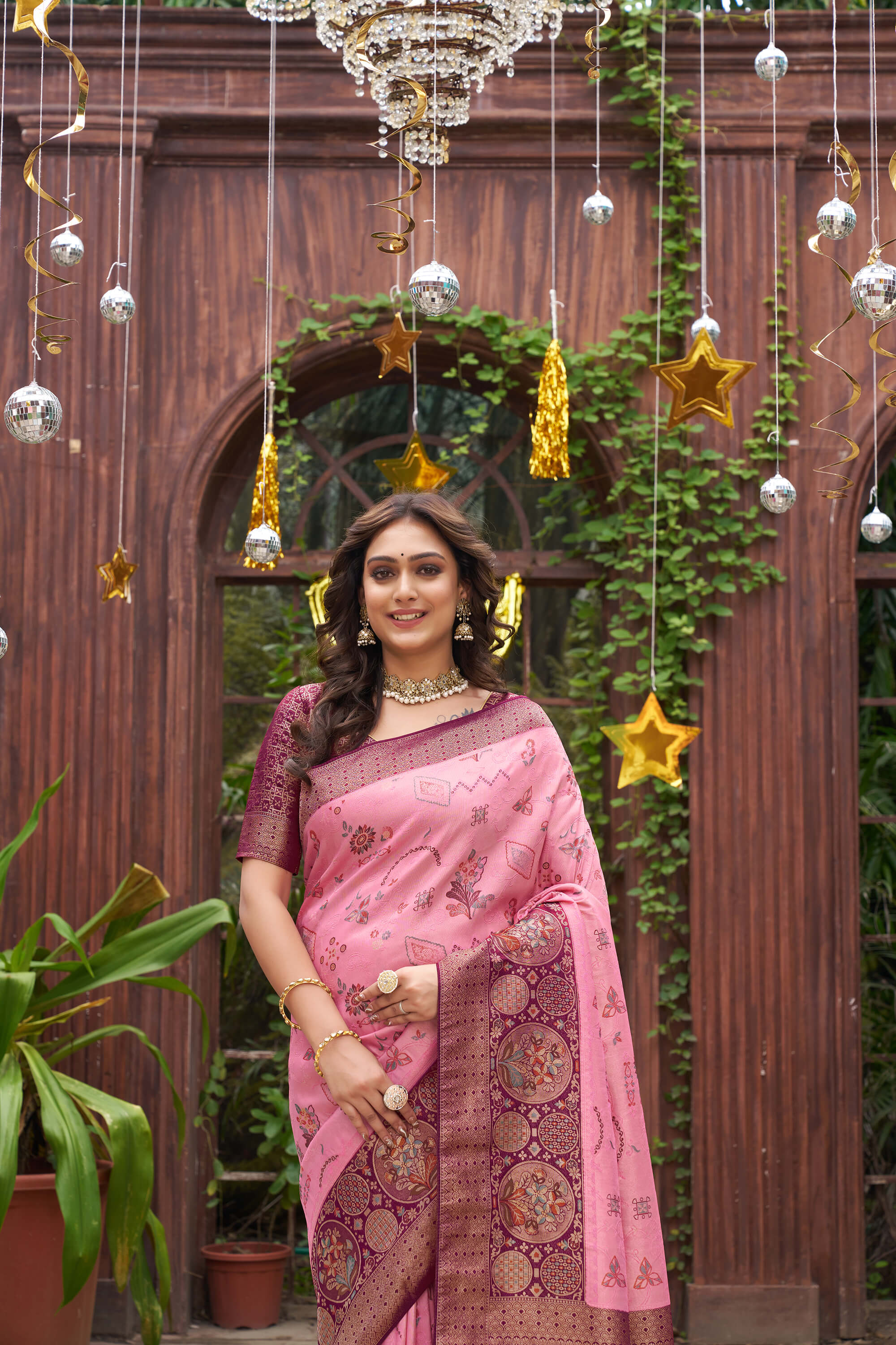 Richie Rich Gold Pink Couple Matching Dress Kanjivaram Silk Saree and Kurta pyjama with Nehru Jacket