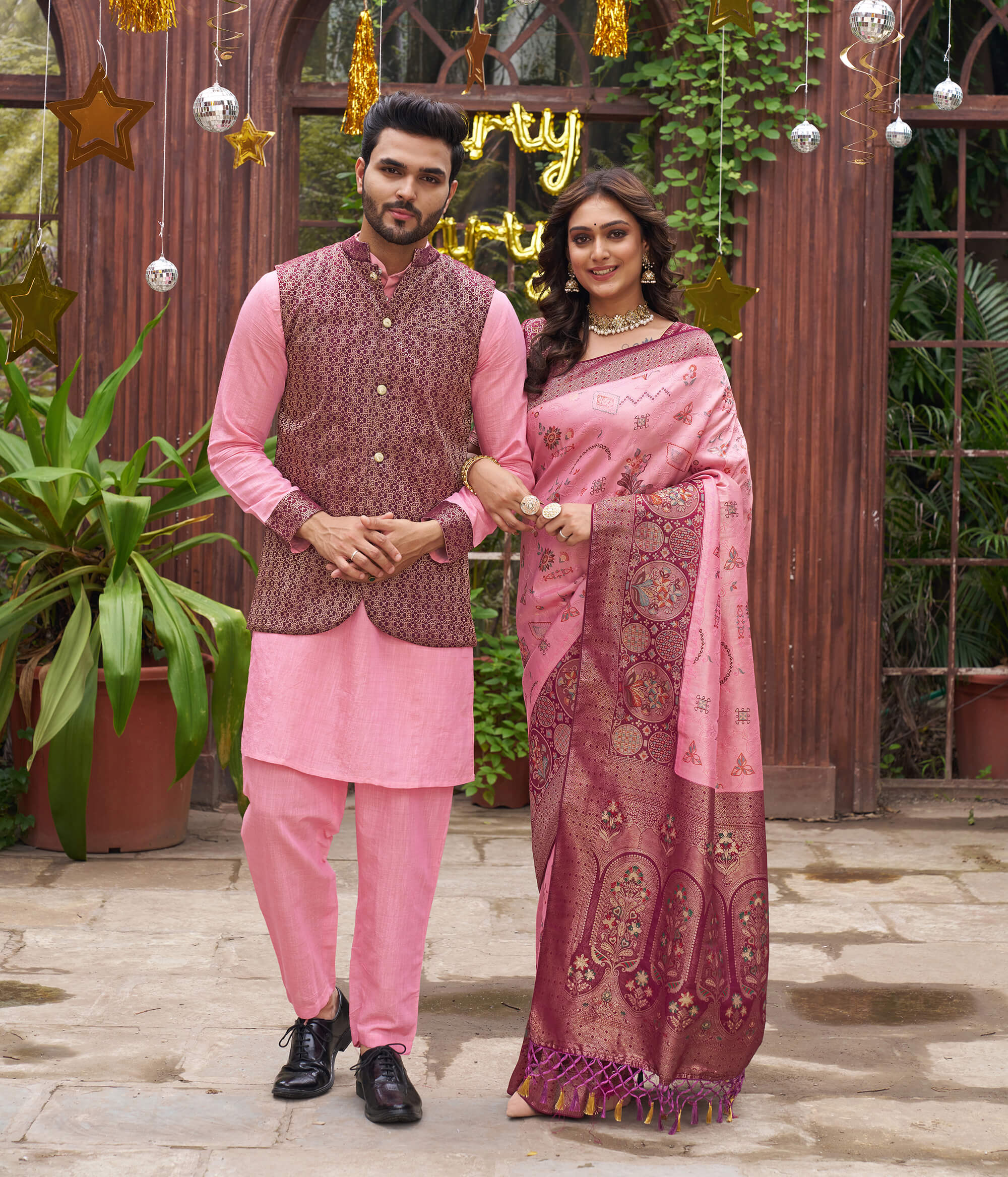 Richie Rich Gold Pink Couple Matching Dress Kanjivaram Silk Saree and Kurta pyjama with Nehru Jacket
