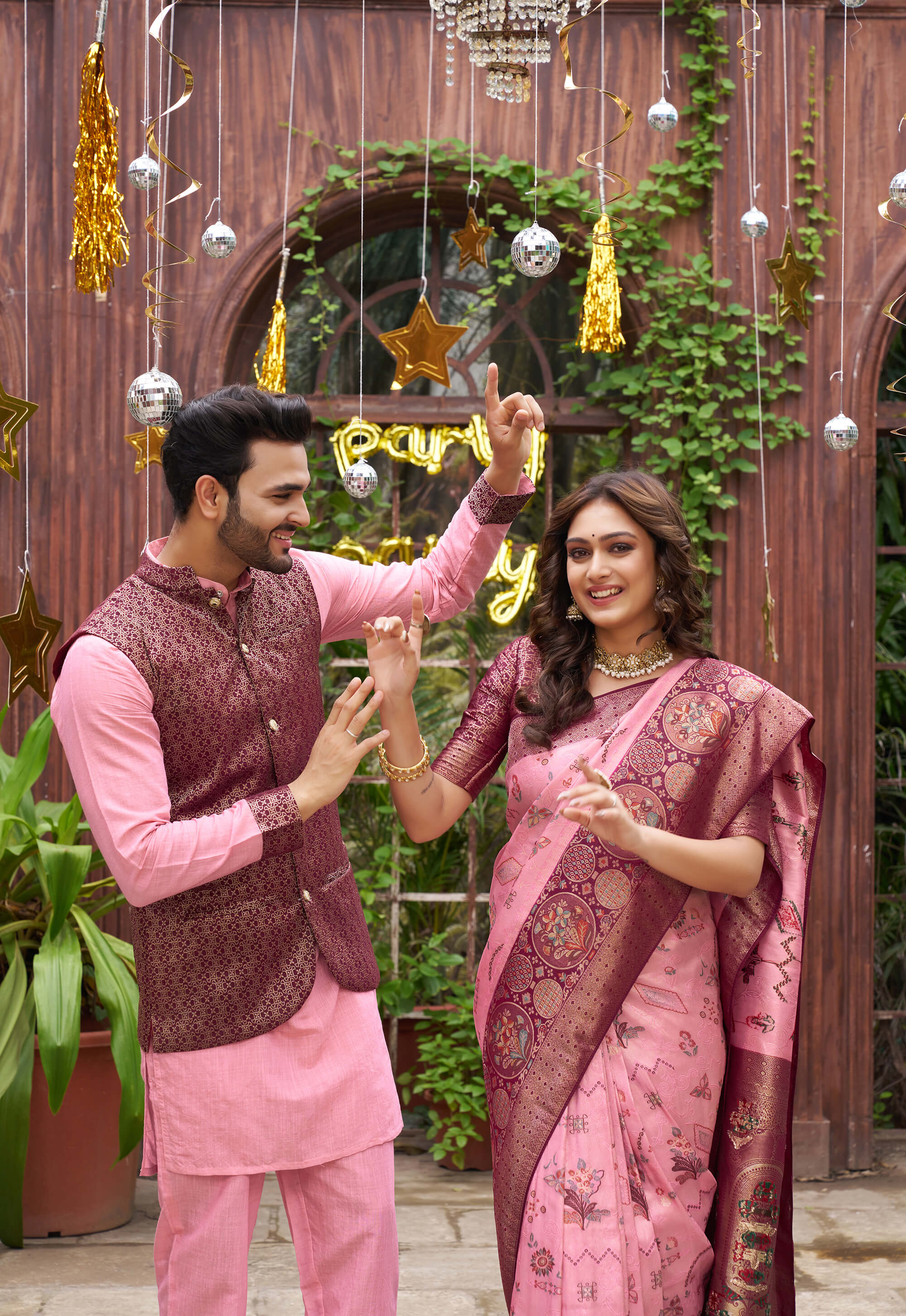 Richie Rich Gold Pink Couple Matching Dress Kanjivaram Silk Saree and Kurta pyjama with Nehru Jacket