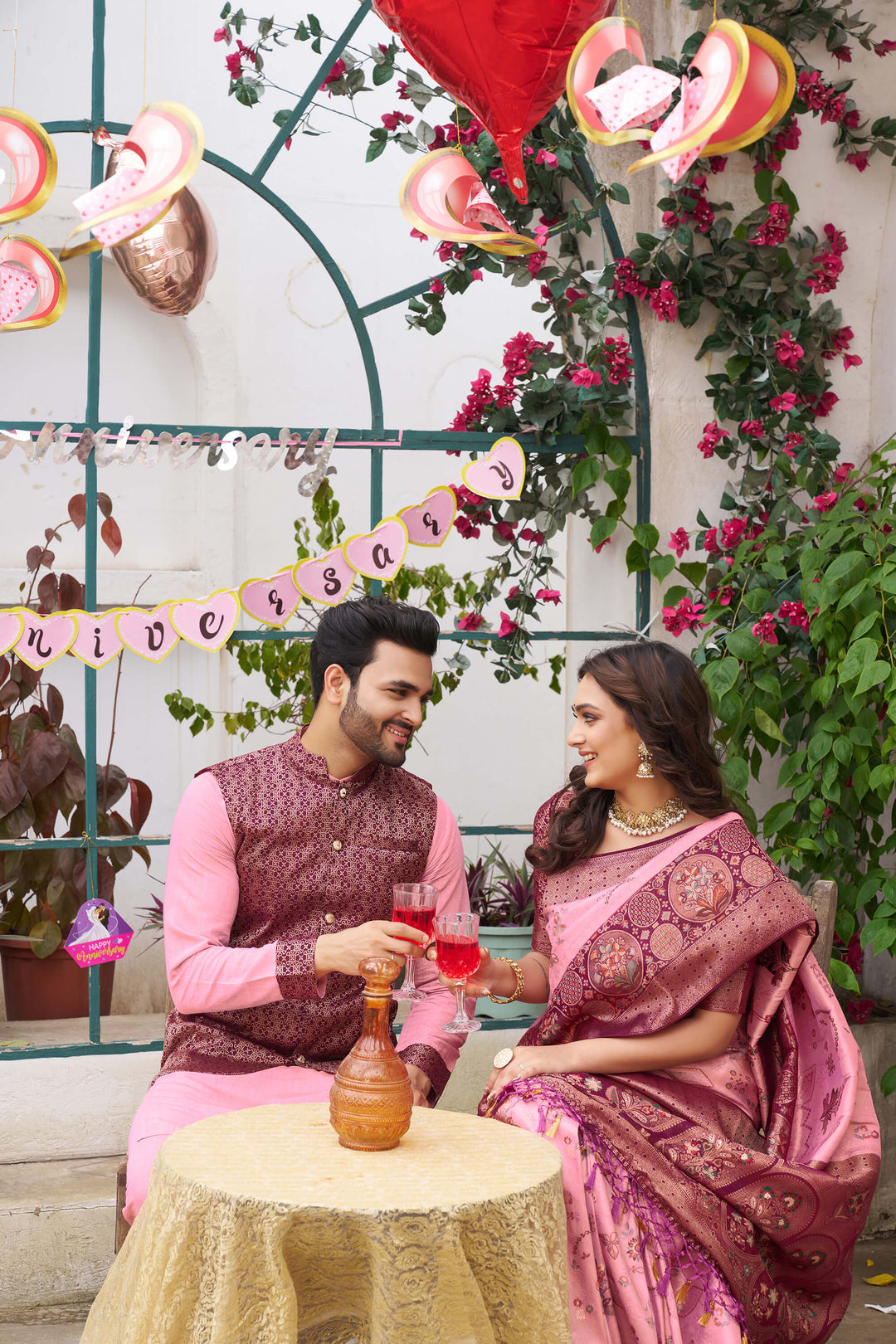 Richie Rich Gold Pink Couple Matching Dress Kanjivaram Silk Saree and Kurta pyjama with Nehru Jacket
