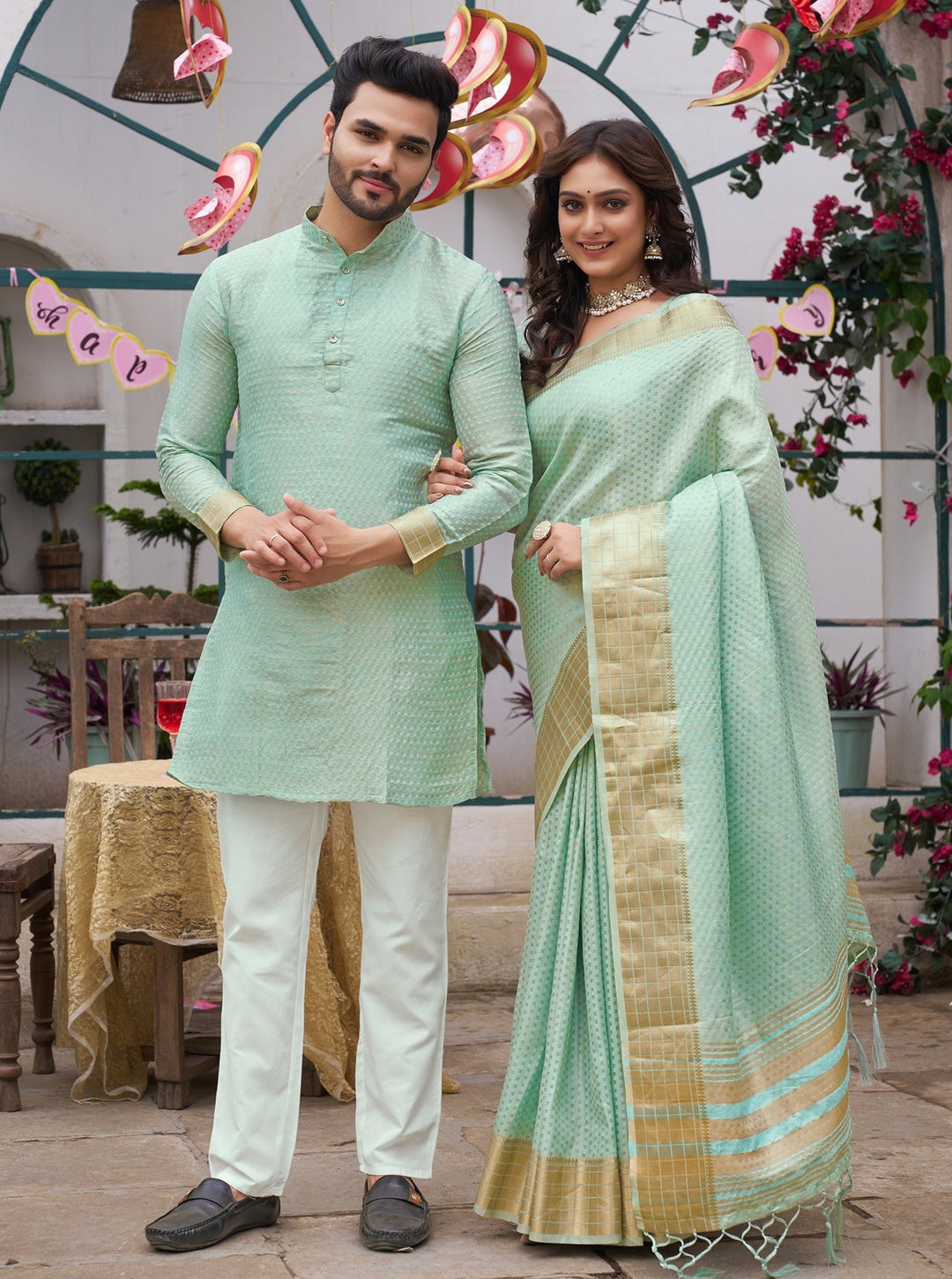 Rajvee Gold Pista Couple Matching Dress unique silk Saree and Kurta