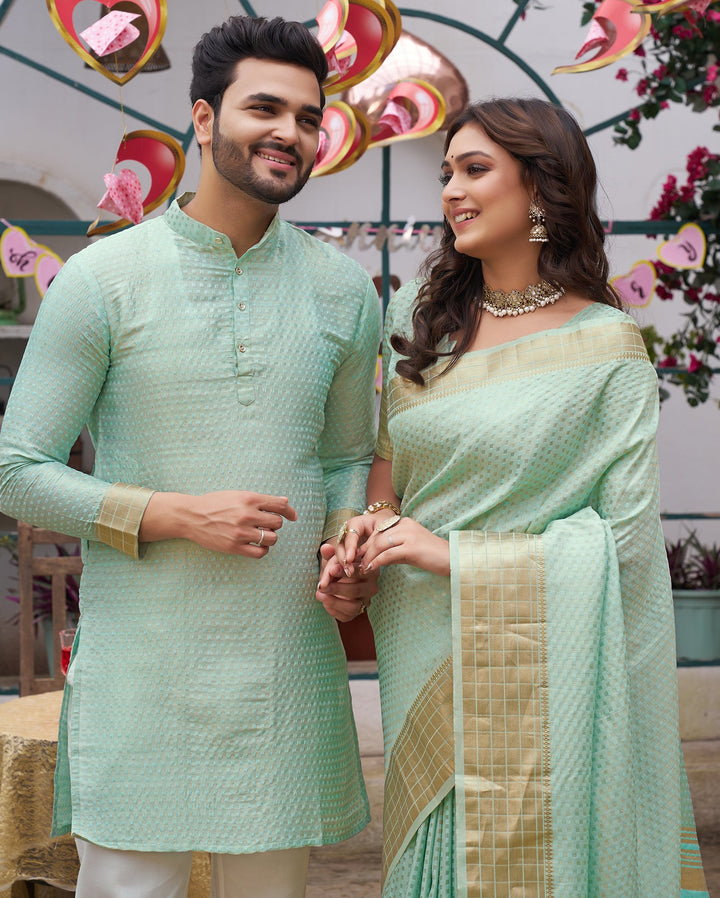 Rajvee Gold Pista Couple Matching Dress unique silk Saree and Kurta