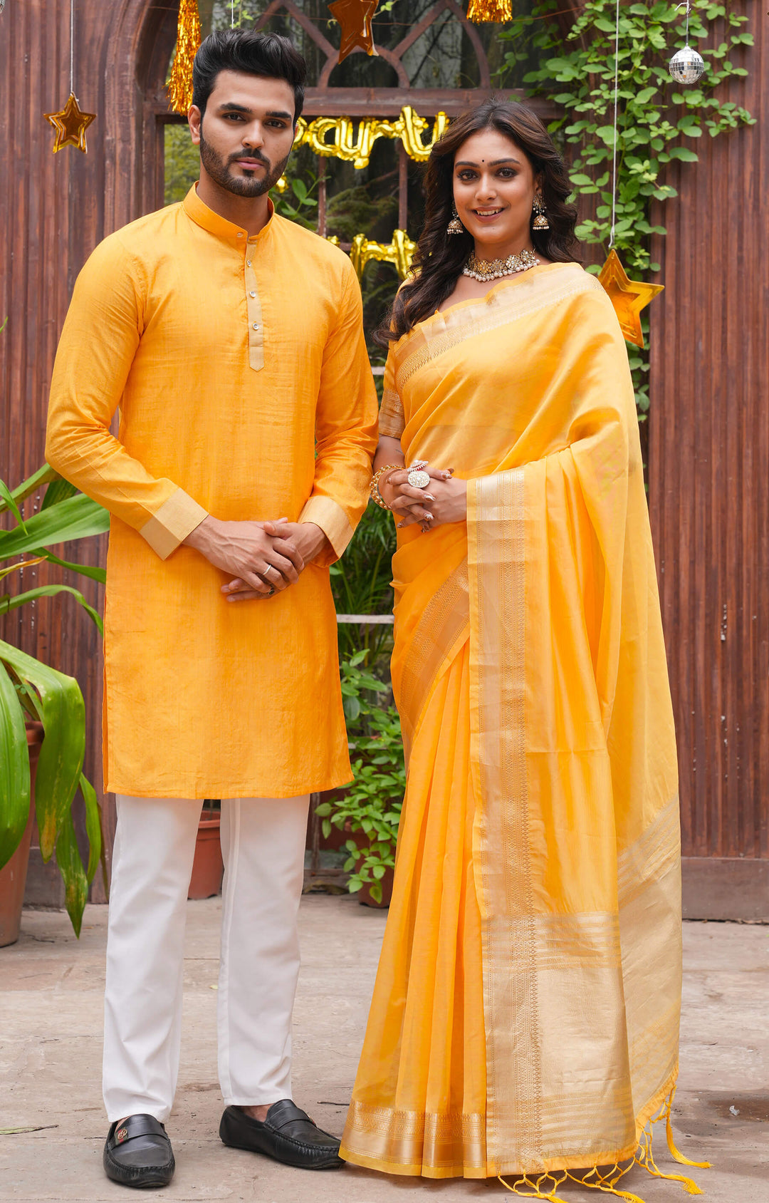Cutie Haldi Yellow Couple Matching Dress Orgenza silk Saree & Kurta