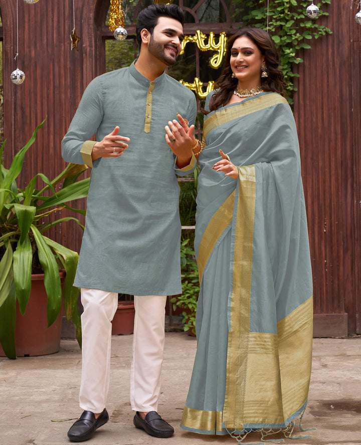 Cutie Grey Couple Matching Dress Orgenza silk Saree & Kurta