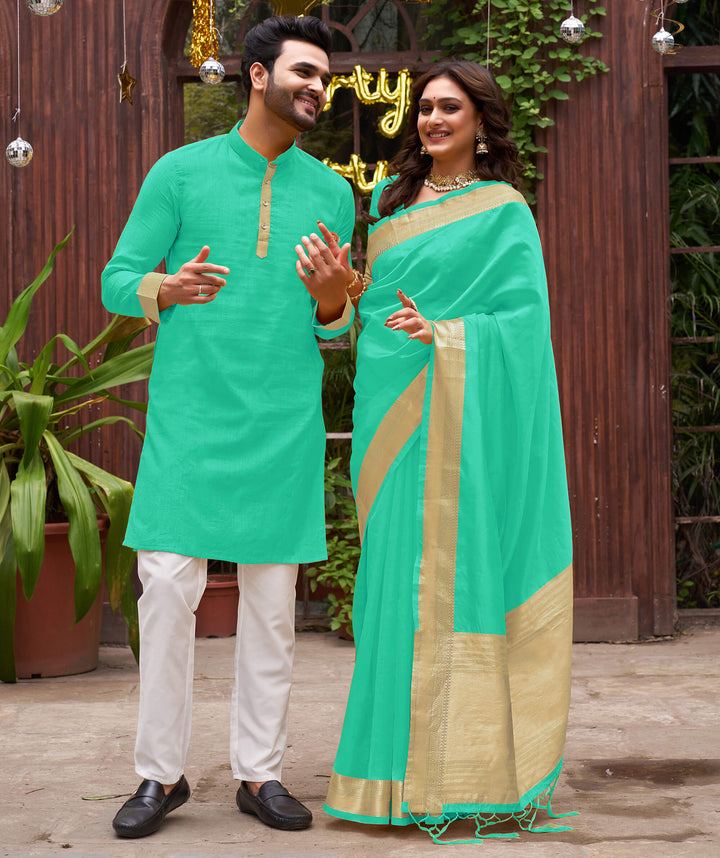 Cutie Teal Couple Matching Dress Orgenza silk Saree & Kurta